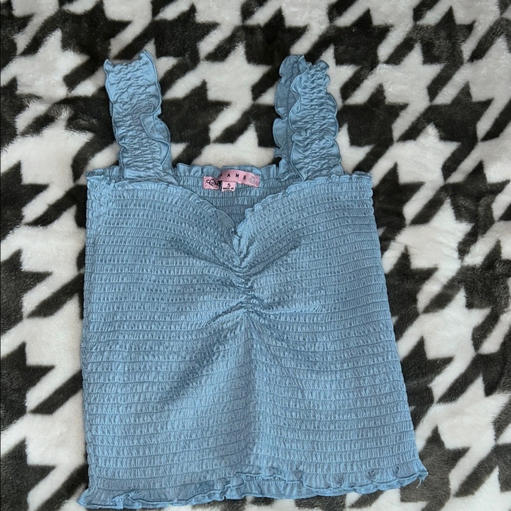 Blue Smocked Ruffle Strap Top